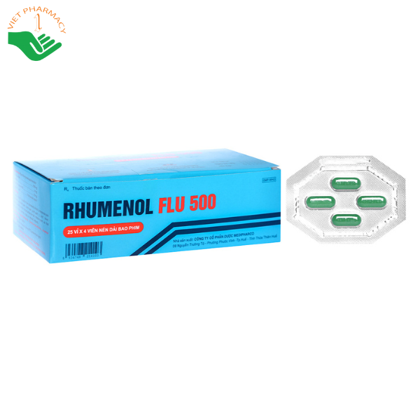 Thuốc Rhumenol Flu 500 Medipharco điều trị đau đầu, sốt từ nhẹ đến vừa (25 vỉ x 4 viên)